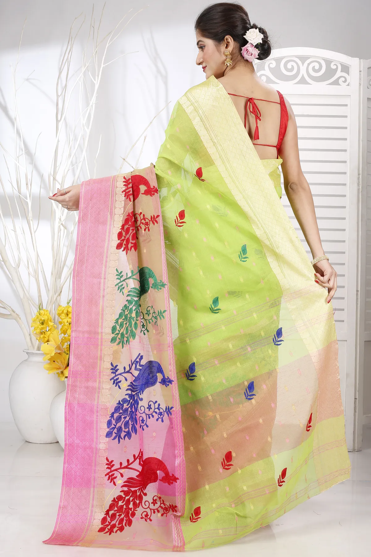 DipDiya Pure Cotton Light Green Embi Ganga Moyur A Legacy Woven Embroidery Tant Sarees