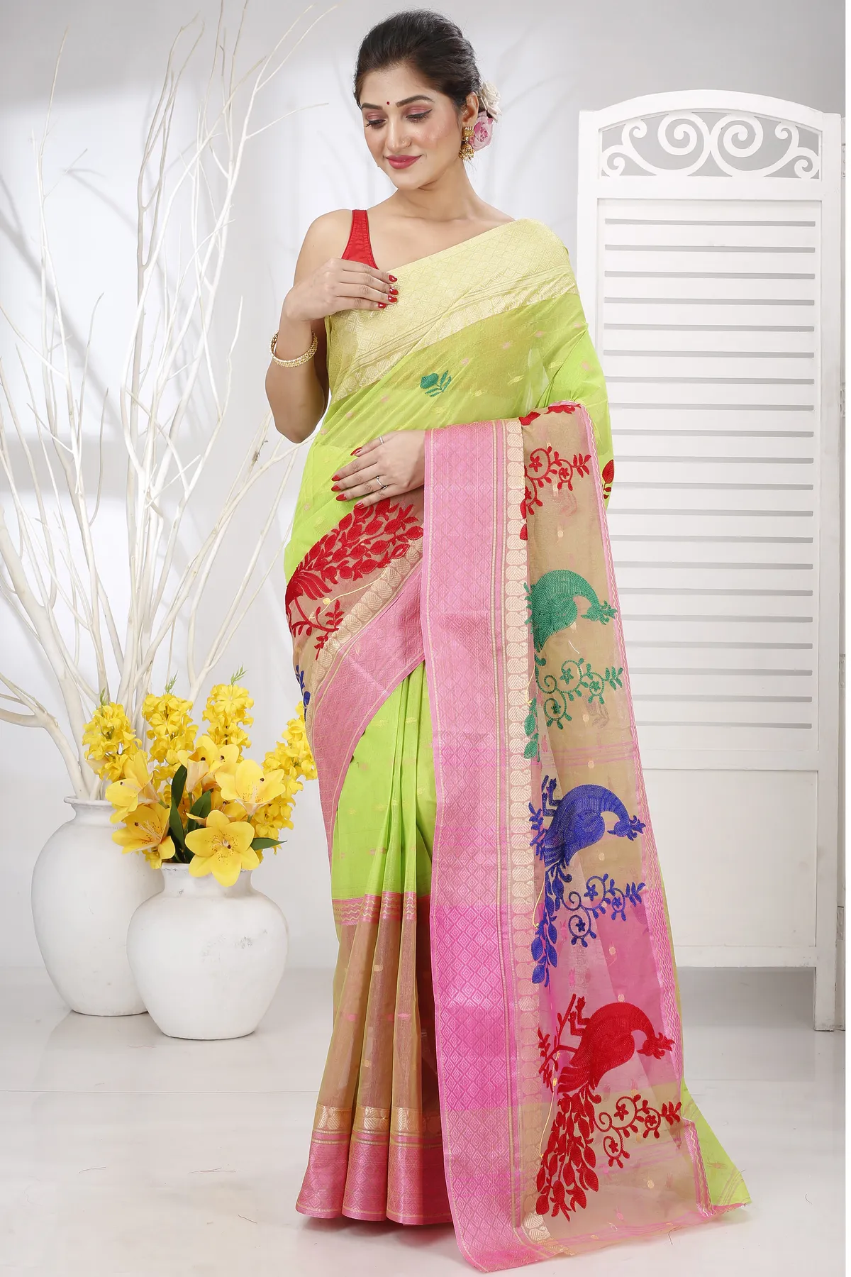 DipDiya Pure Cotton Light Green Embi Ganga Moyur A Legacy Woven Embroidery Tant Sarees