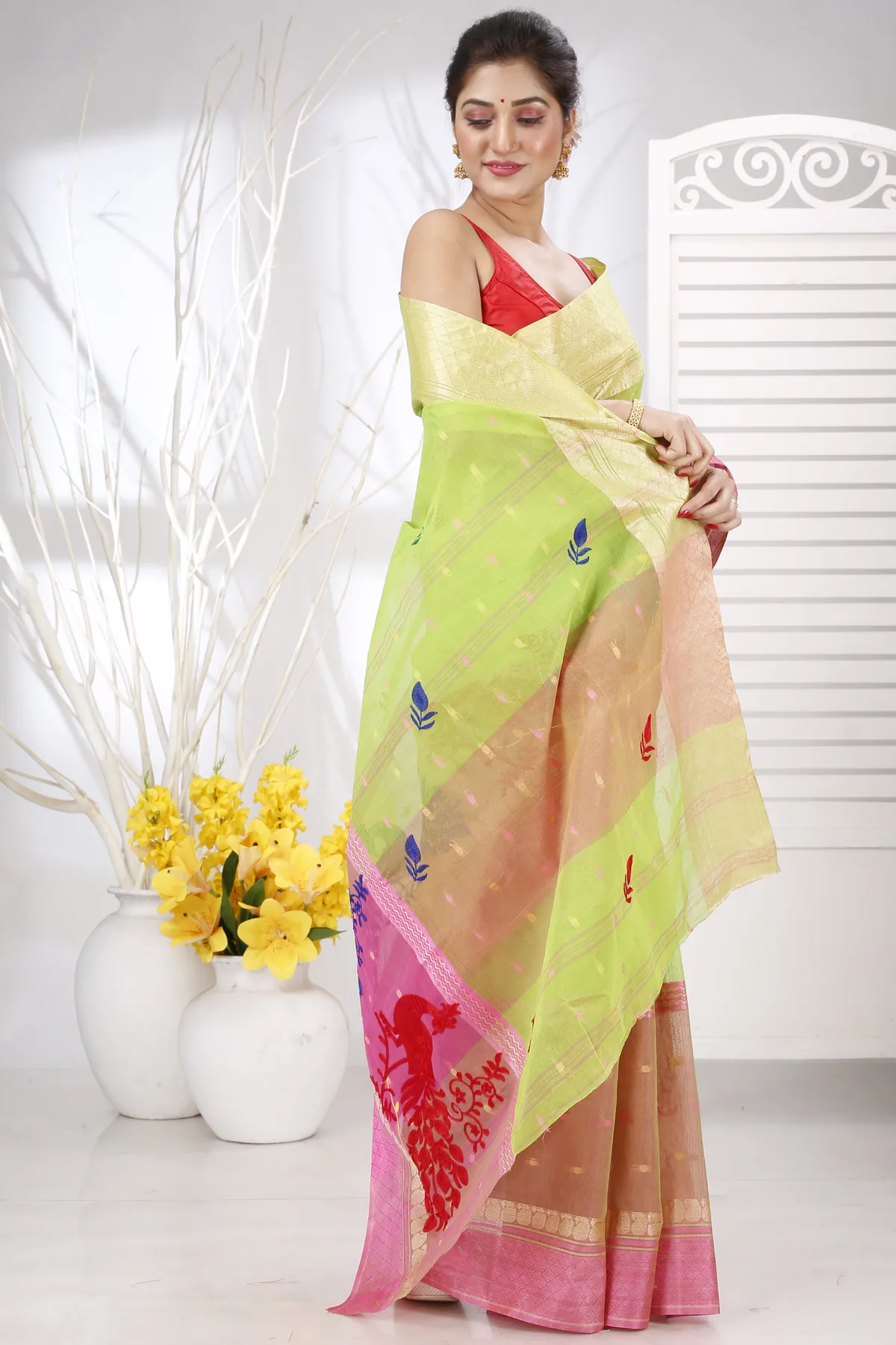 DipDiya Pure Cotton Light Green Embi Ganga Moyur A Legacy Woven Embroidery Tant Sarees