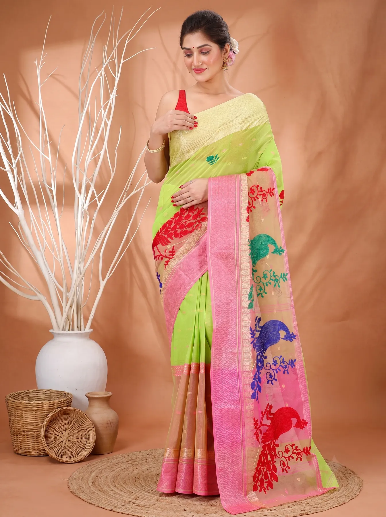 DipDiya Pure Cotton Light Green Embi Ganga Moyur A Legacy Woven Embroidery Tant Sarees