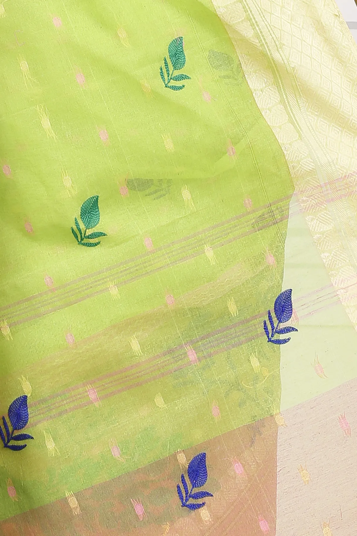 DipDiya Pure Cotton Light Green Embi Ganga Moyur A Legacy Woven Embroidery Tant Sarees
