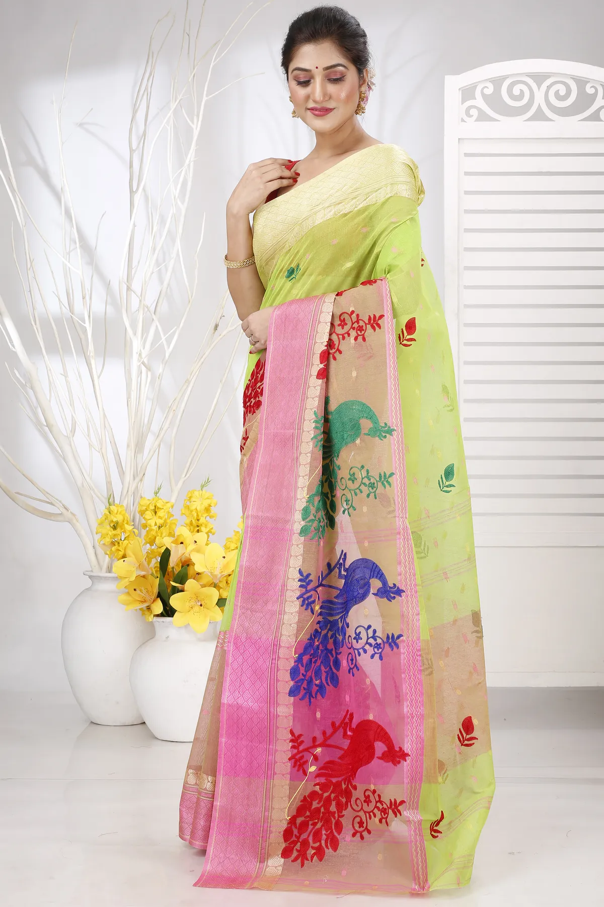 DipDiya Pure Cotton Light Green Embi Ganga Moyur A Legacy Woven Embroidery Tant Sarees