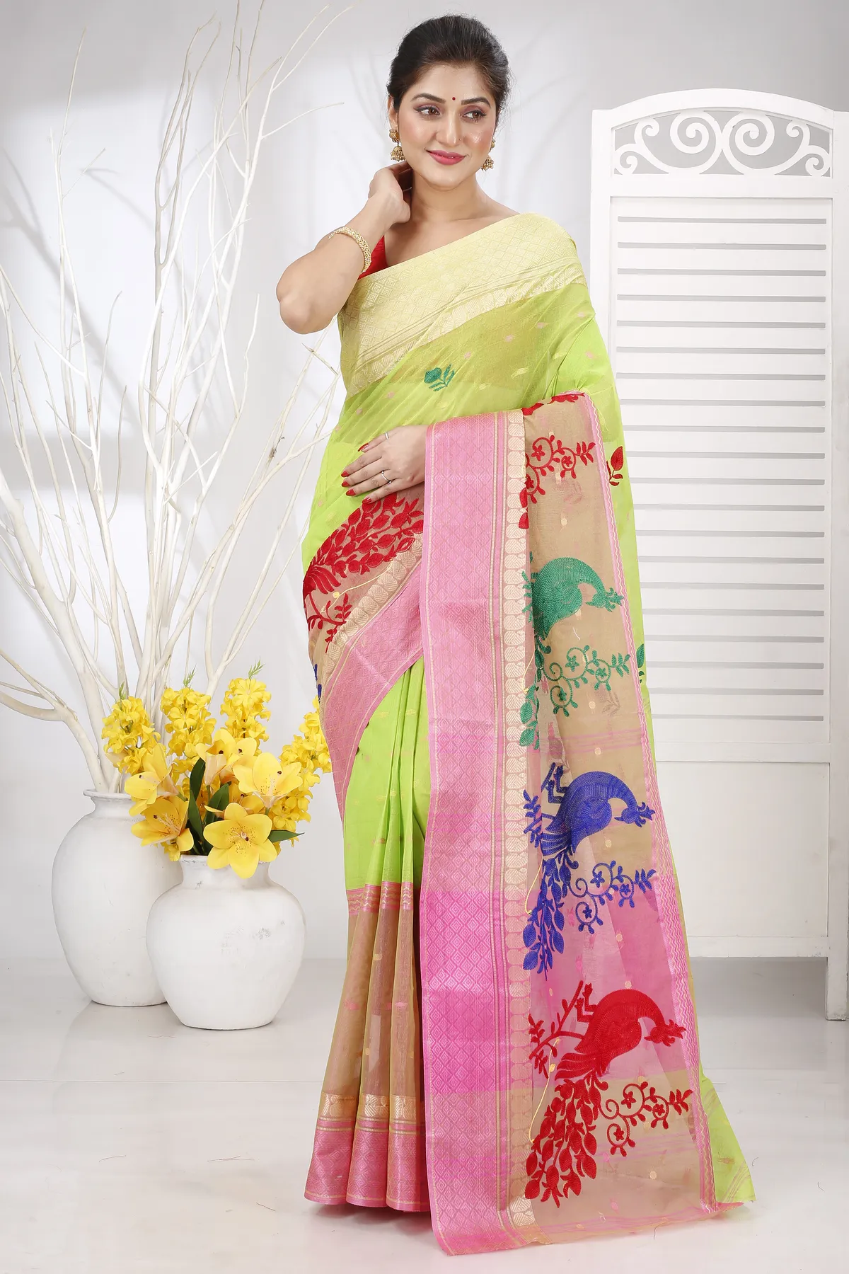 DipDiya Pure Cotton Light Green Embi Ganga Moyur A Legacy Woven Embroidery Tant Sarees