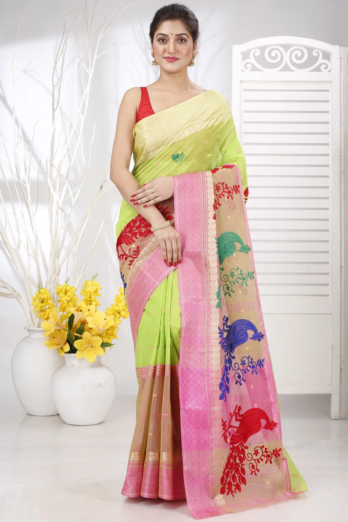 DipDiya Pure Cotton Light Green Embi Ganga Moyur A Legacy Woven Embroidery Tant Sarees