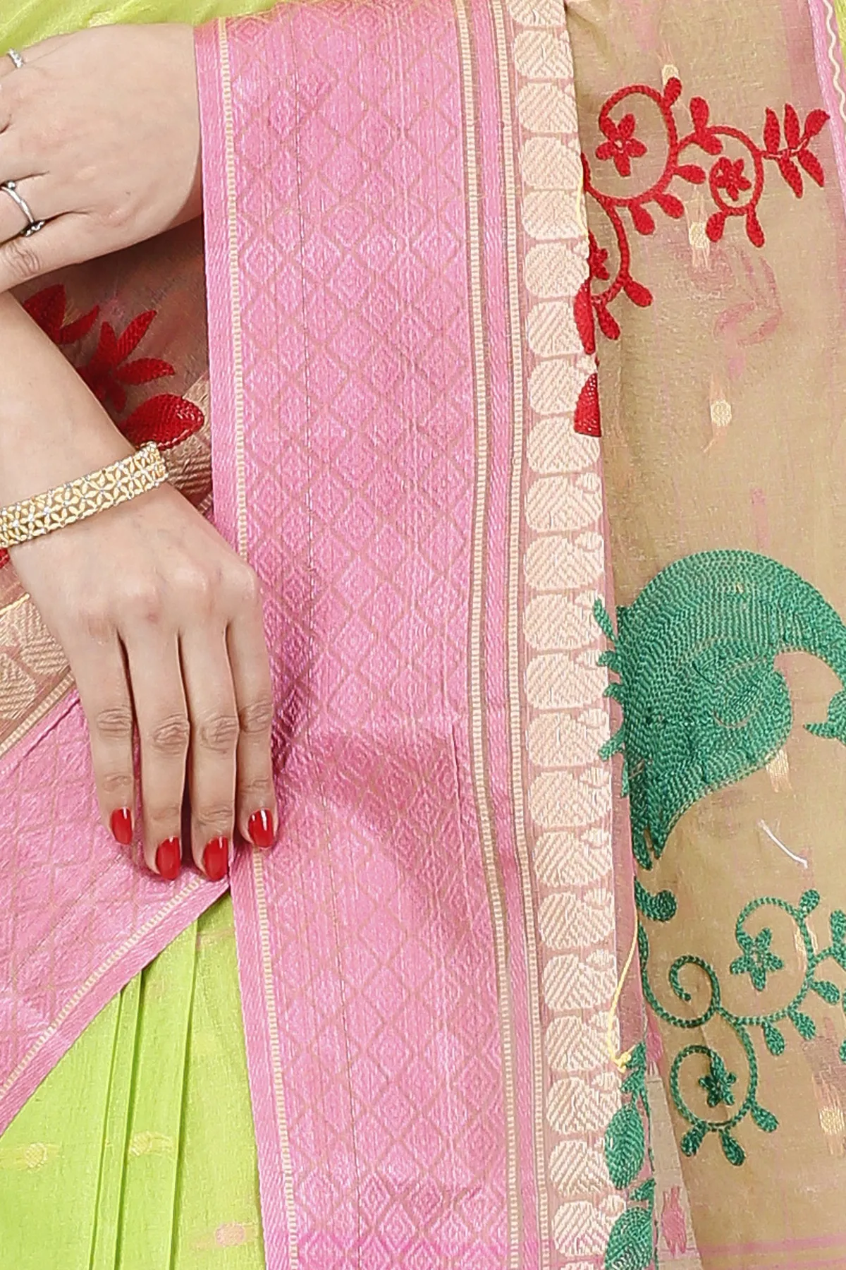 DipDiya Pure Cotton Light Green Embi Ganga Moyur A Legacy Woven Embroidery Tant Sarees