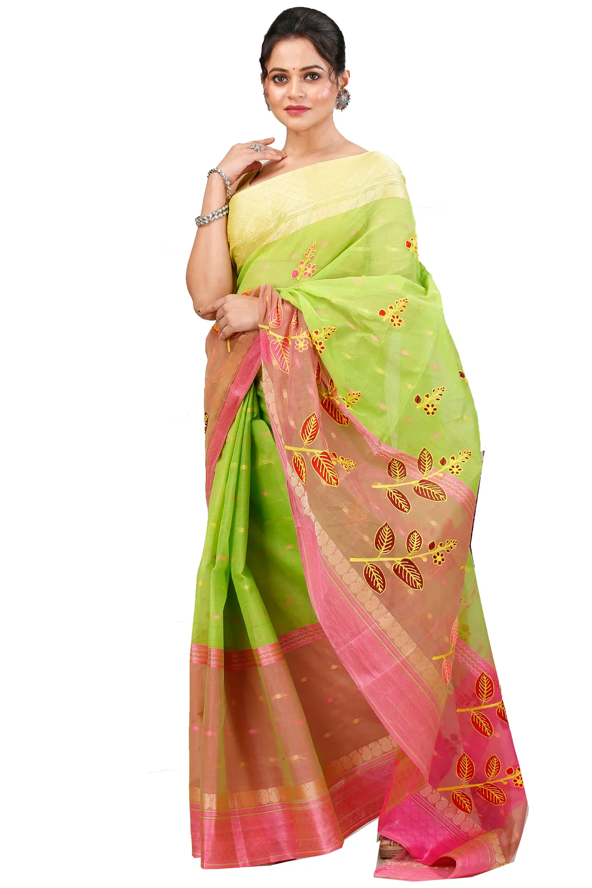 DipDiya Pure Cotton Light Green Embi Ganga Pata Traditional Bengali Embroidery Tant Sarees