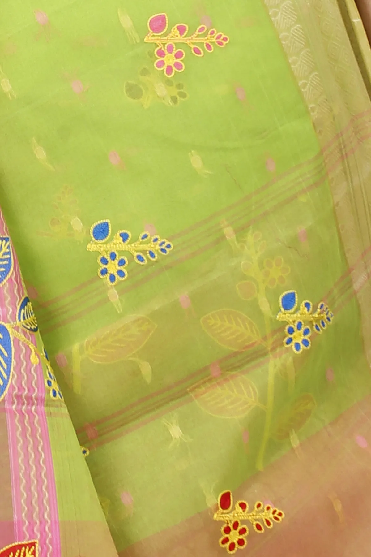 DipDiya Pure Cotton Light Green Embi Ganga Pata Traditional Bengali Embroidery Tant Sarees