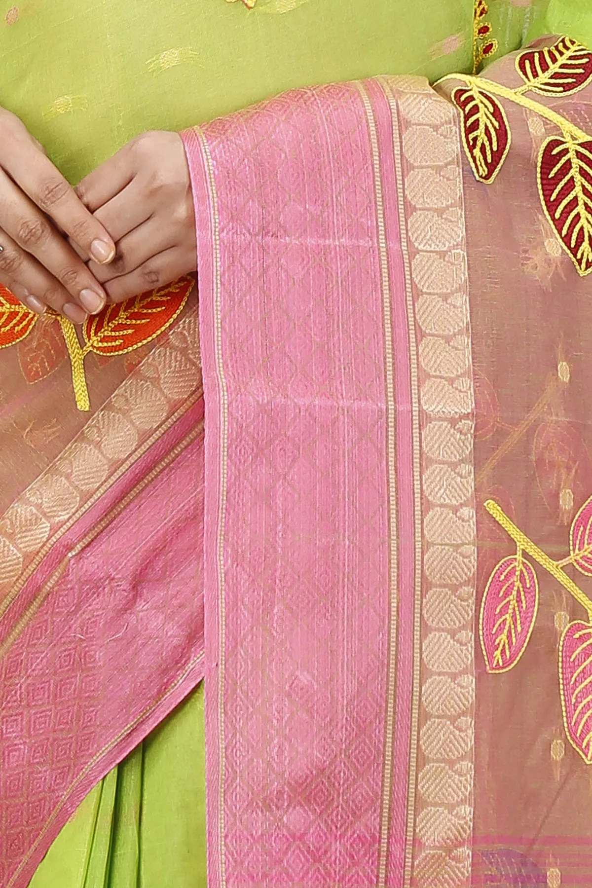 DipDiya Pure Cotton Light Green Embi Ganga Pata Traditional Bengali Embroidery Tant Sarees