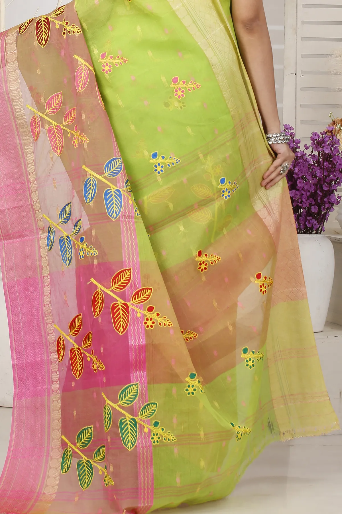 DipDiya Pure Cotton Light Green Embi Ganga Pata Traditional Bengali Embroidery Tant Sarees