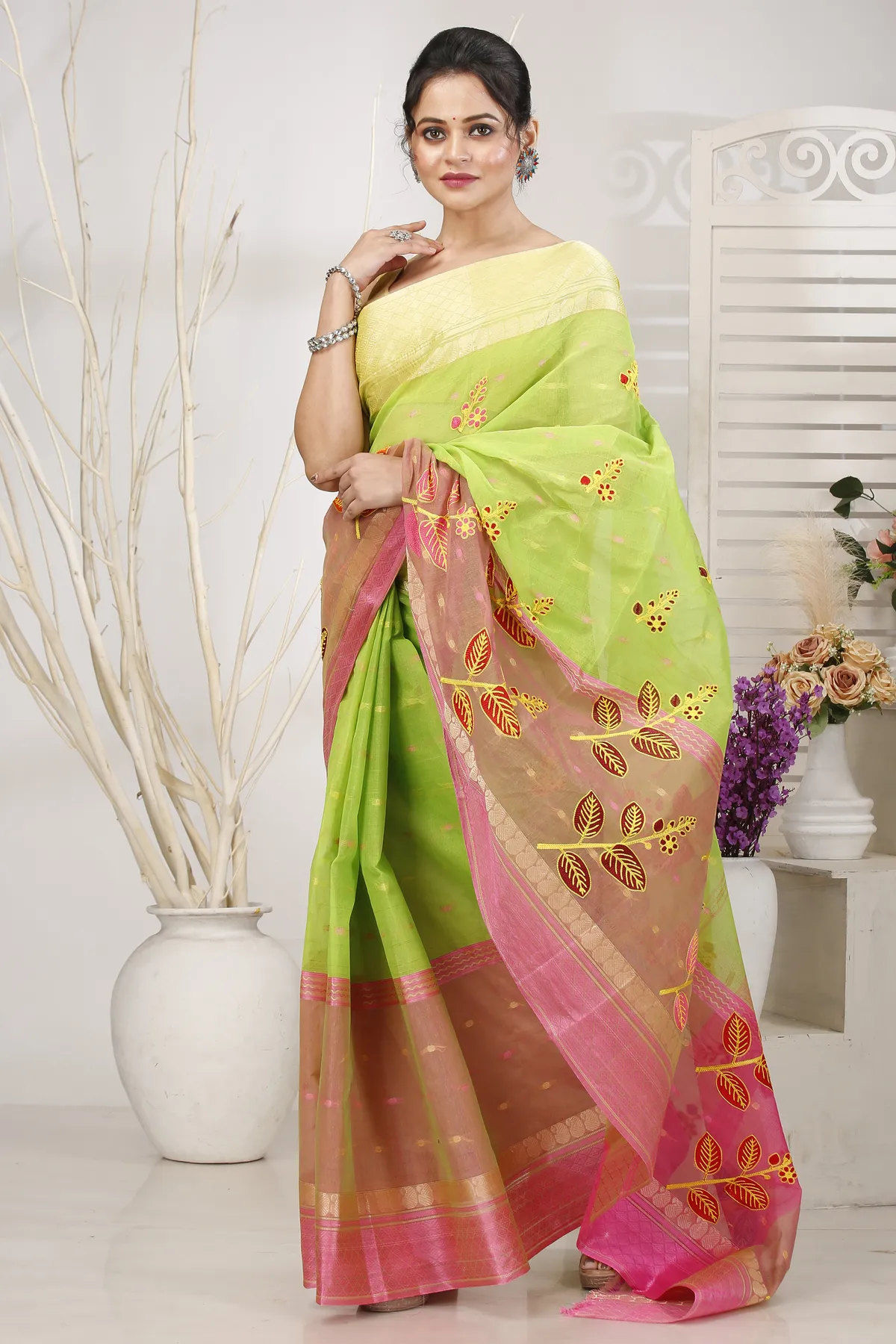 DipDiya Pure Cotton Light Green Embi Ganga Pata Traditional Bengali Embroidery Tant Sarees