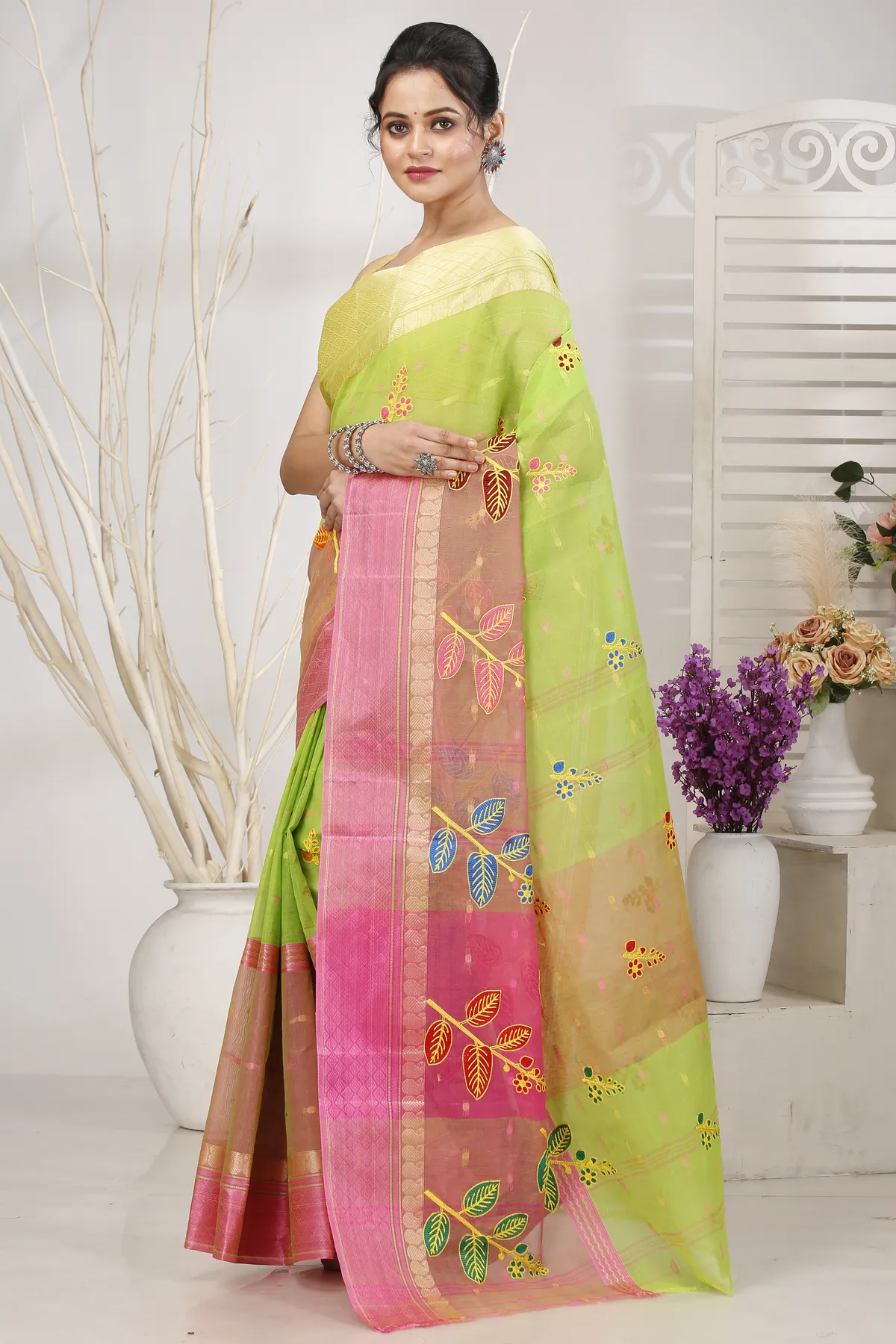 DipDiya Pure Cotton Light Green Embi Ganga Pata Traditional Bengali Embroidery Tant Sarees