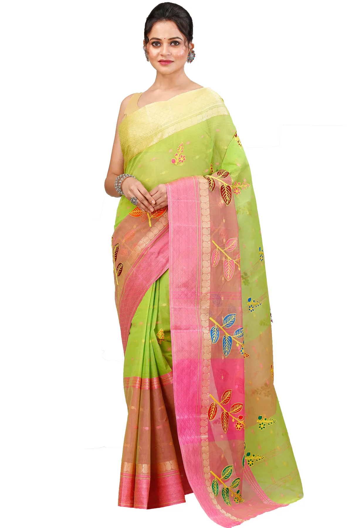 DipDiya Pure Cotton Light Green Embi Ganga Pata Traditional Bengali Embroidery Tant Sarees