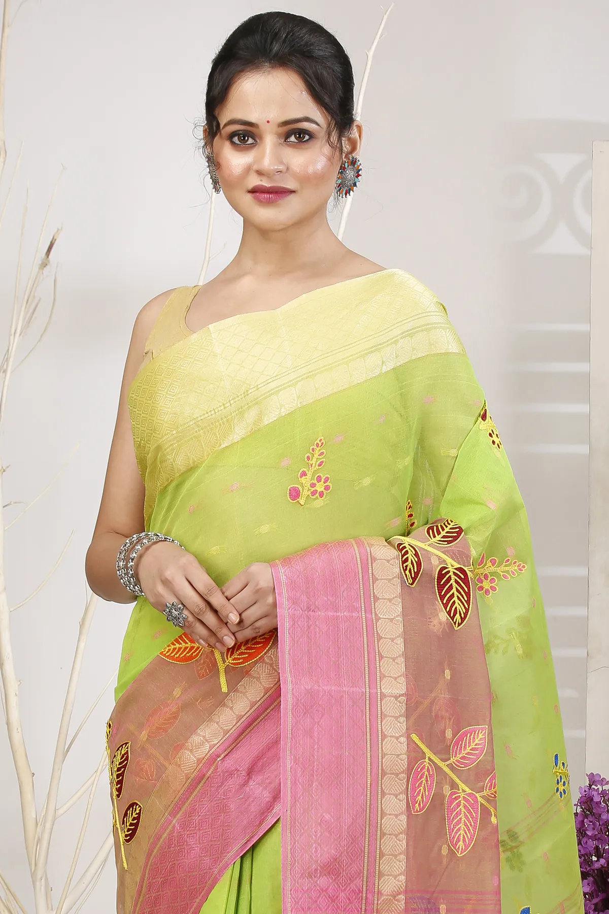 DipDiya Pure Cotton Light Green Embi Ganga Pata Traditional Bengali Embroidery Tant Sarees