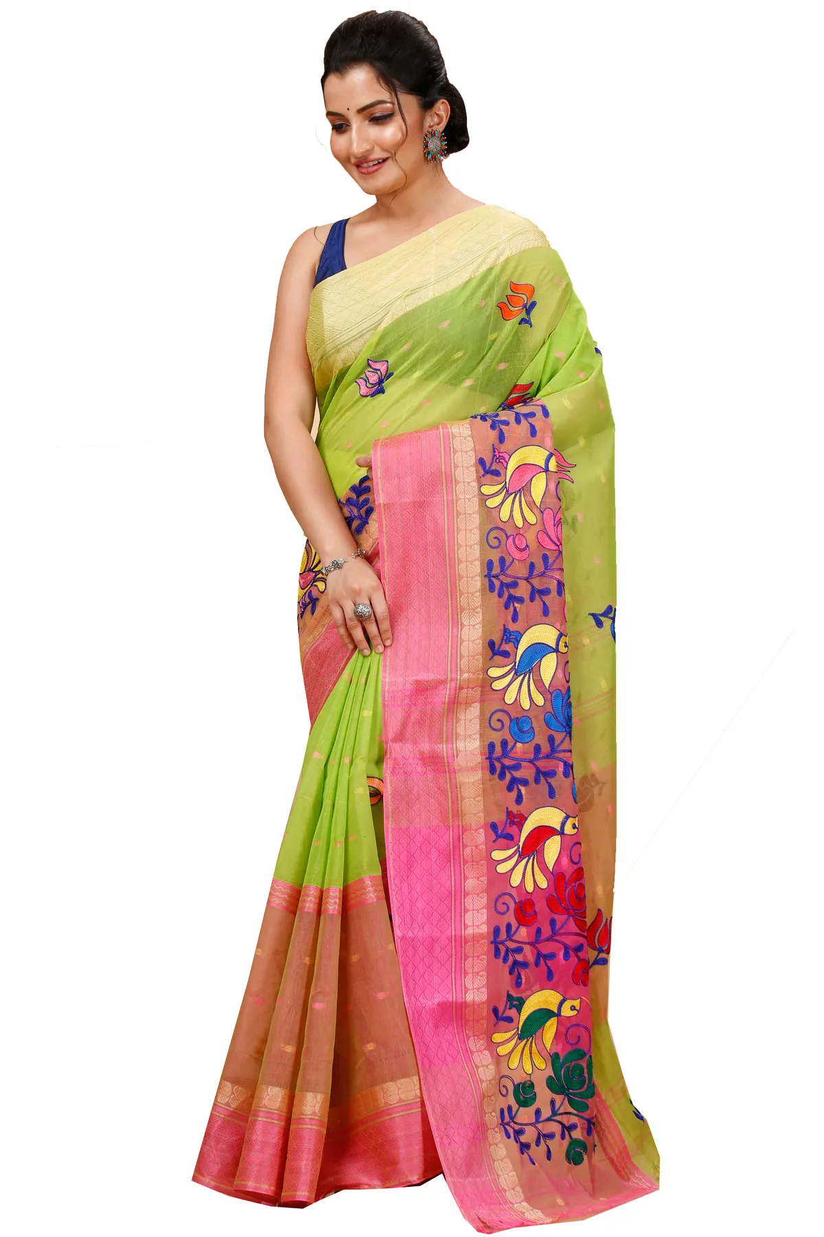 DipDiya Pure Cotton Light Green Embi Ganga Sib Threads of Tradition Embroidery Tant Sarees