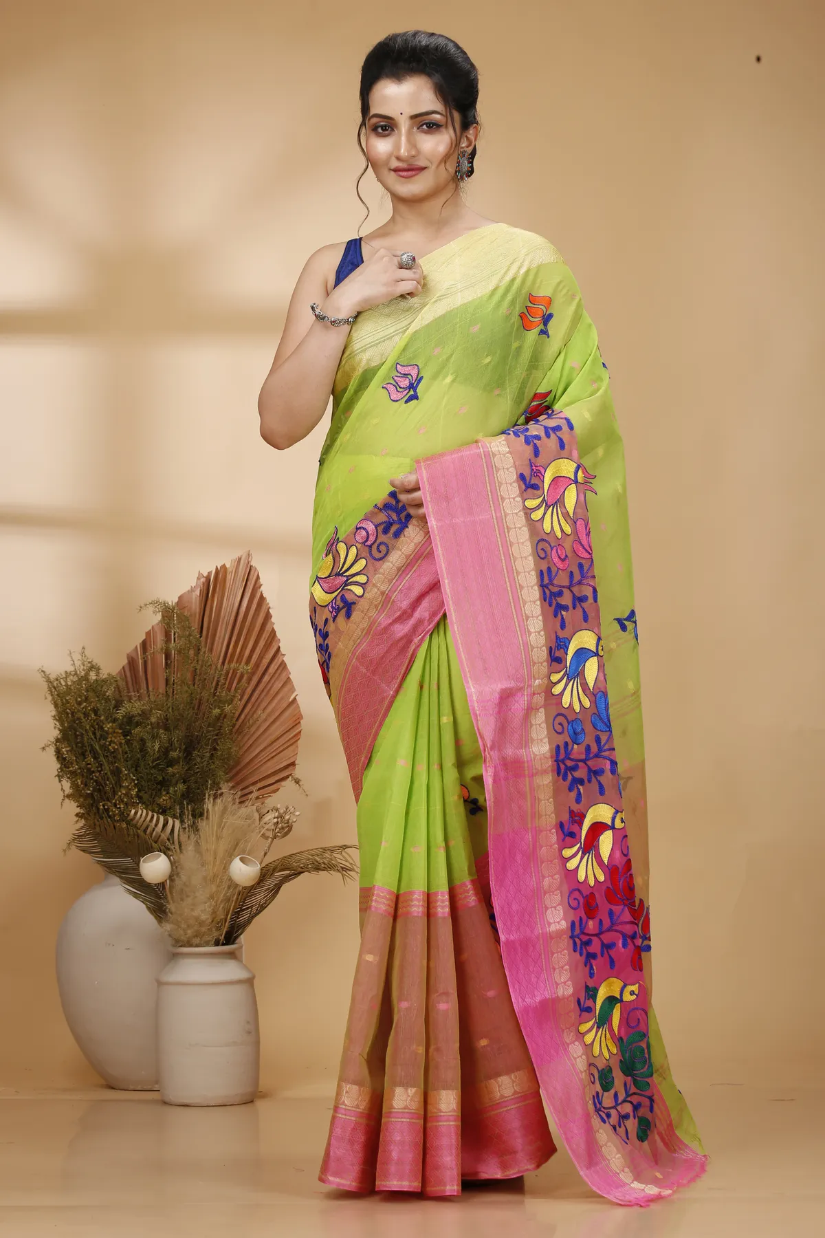 DipDiya Pure Cotton Light Green Embi Ganga Sib Threads of Tradition Embroidery Tant Sarees