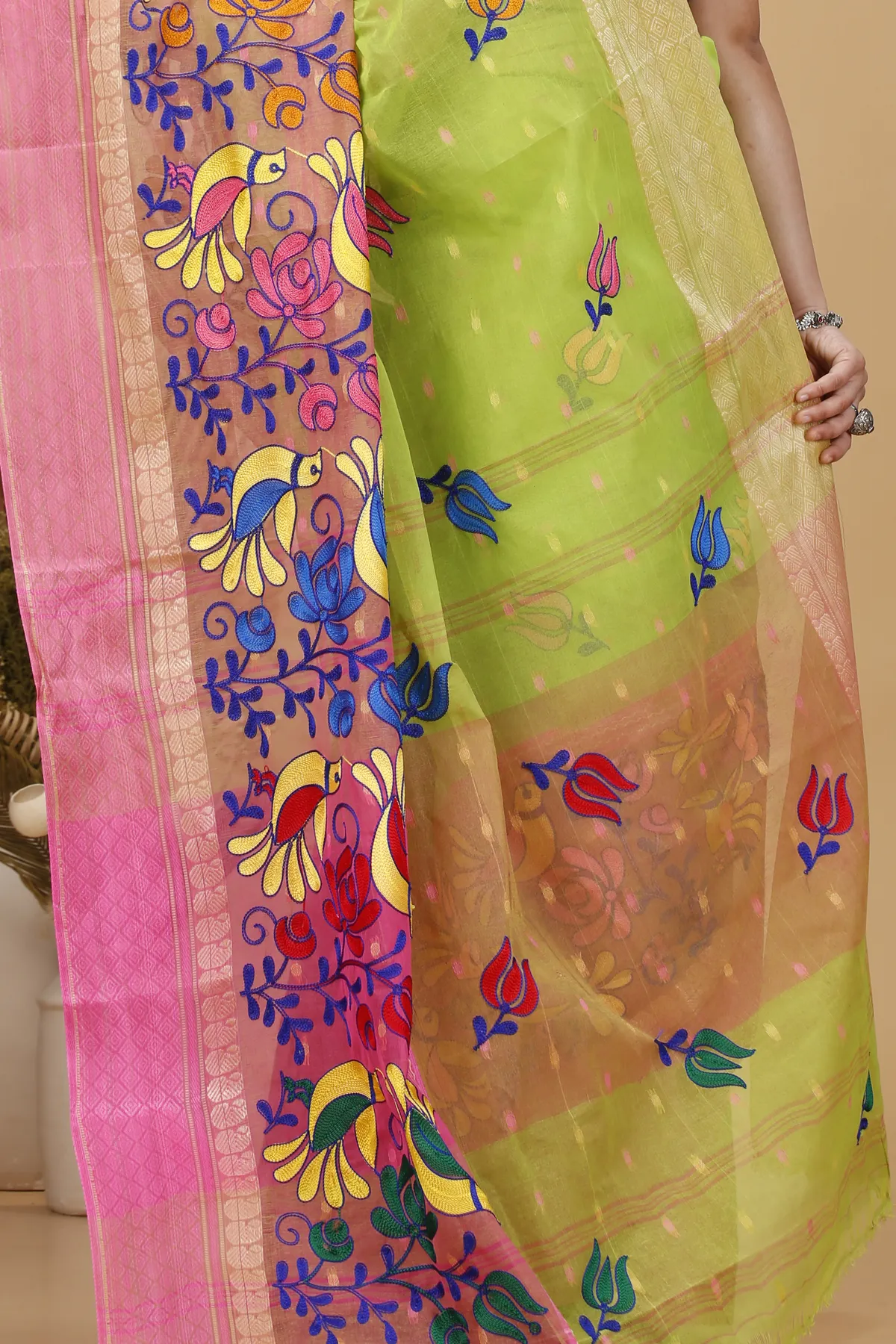 DipDiya Pure Cotton Light Green Embi Ganga Sib Threads of Tradition Embroidery Tant Sarees