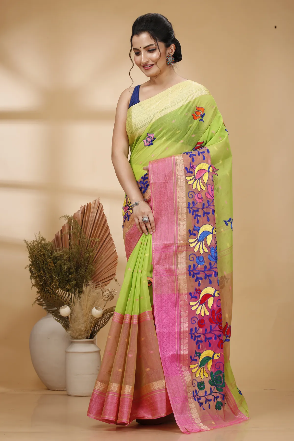 DipDiya Pure Cotton Light Green Embi Ganga Sib Threads of Tradition Embroidery Tant Sarees