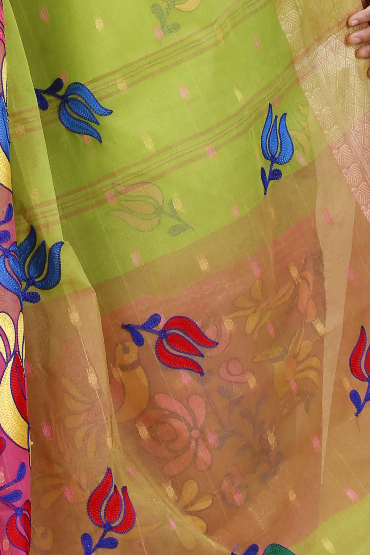 DipDiya Pure Cotton Light Green Embi Ganga Sib Threads of Tradition Embroidery Tant Sarees