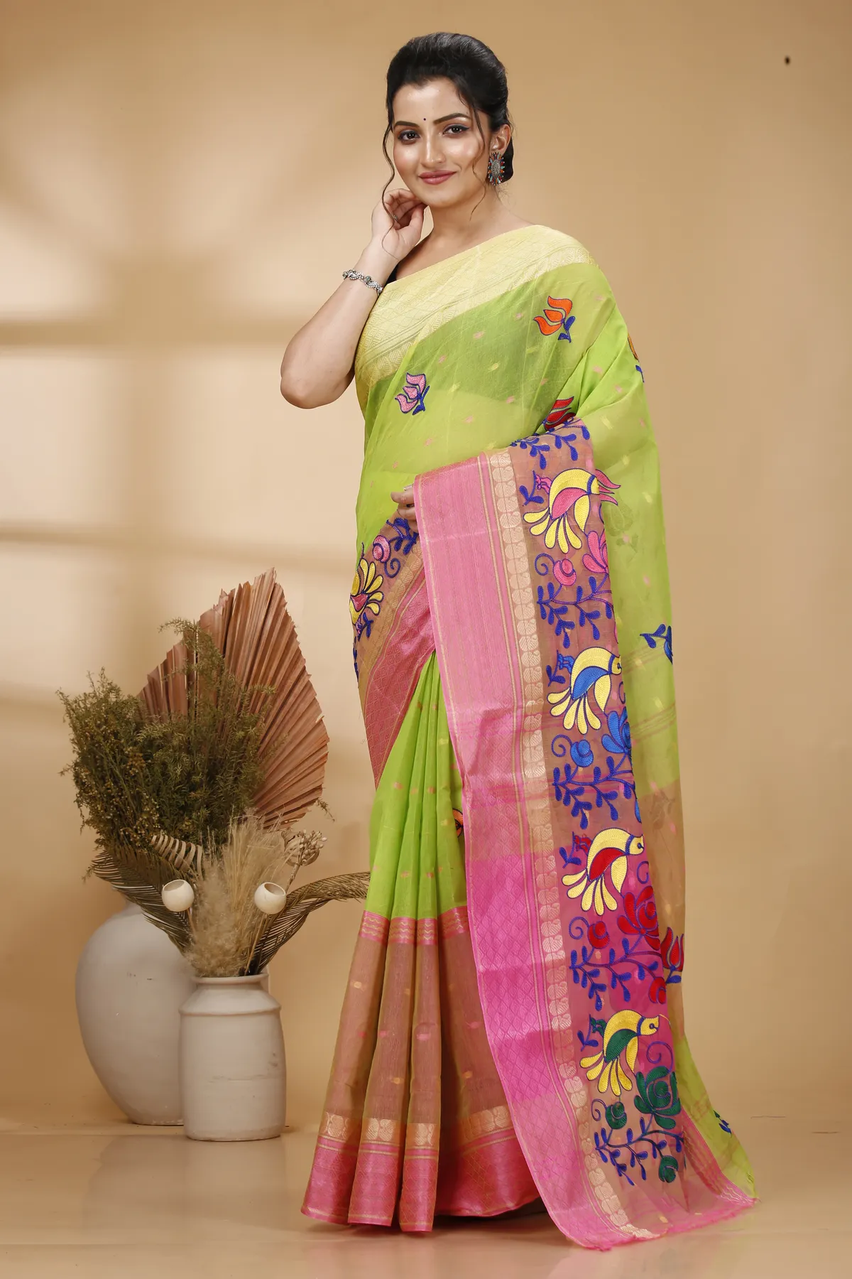 DipDiya Pure Cotton Light Green Embi Ganga Sib Threads of Tradition Embroidery Tant Sarees