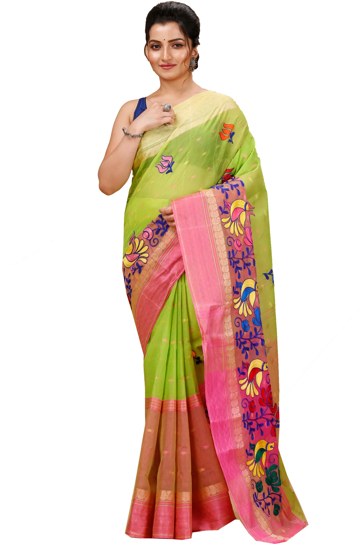 DipDiya Pure Cotton Light Green Embi Ganga Sib Threads of Tradition Embroidery Tant Sarees