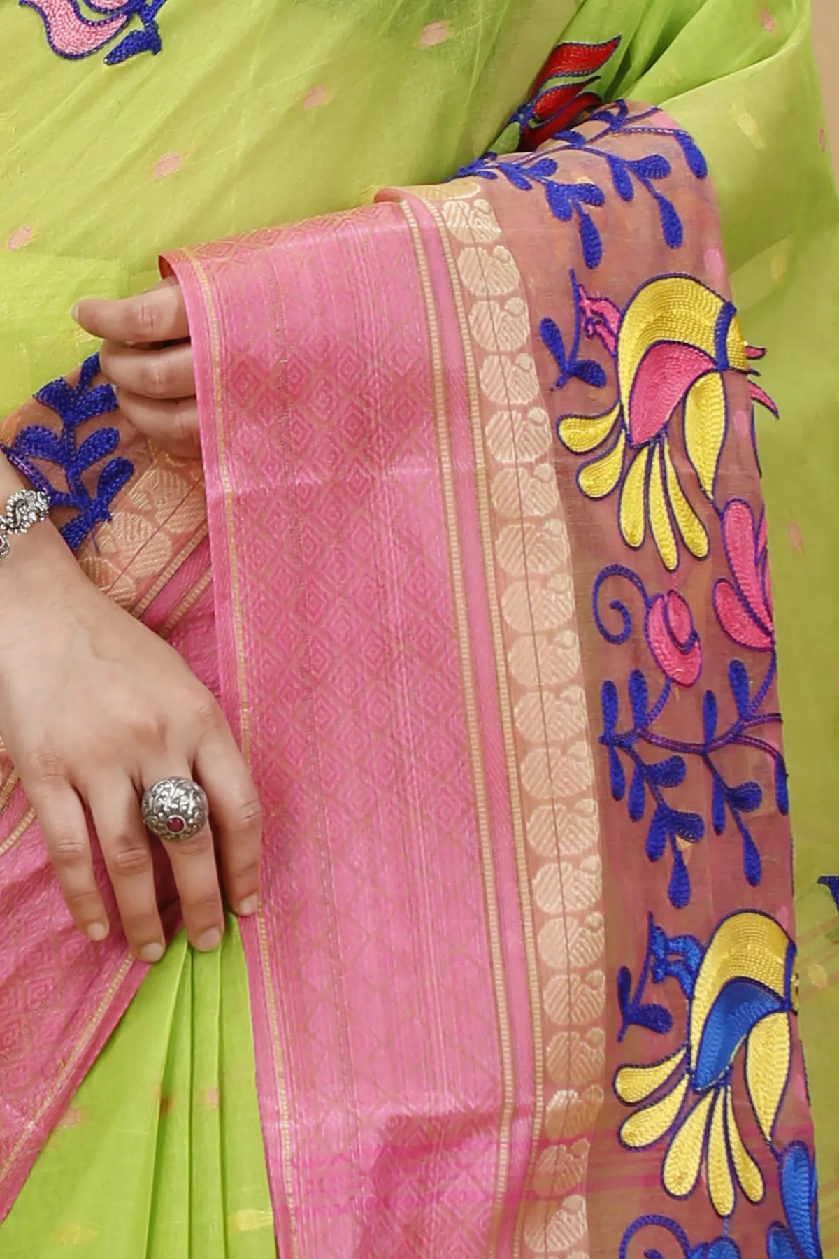 DipDiya Pure Cotton Light Green Embi Ganga Sib Threads of Tradition Embroidery Tant Sarees