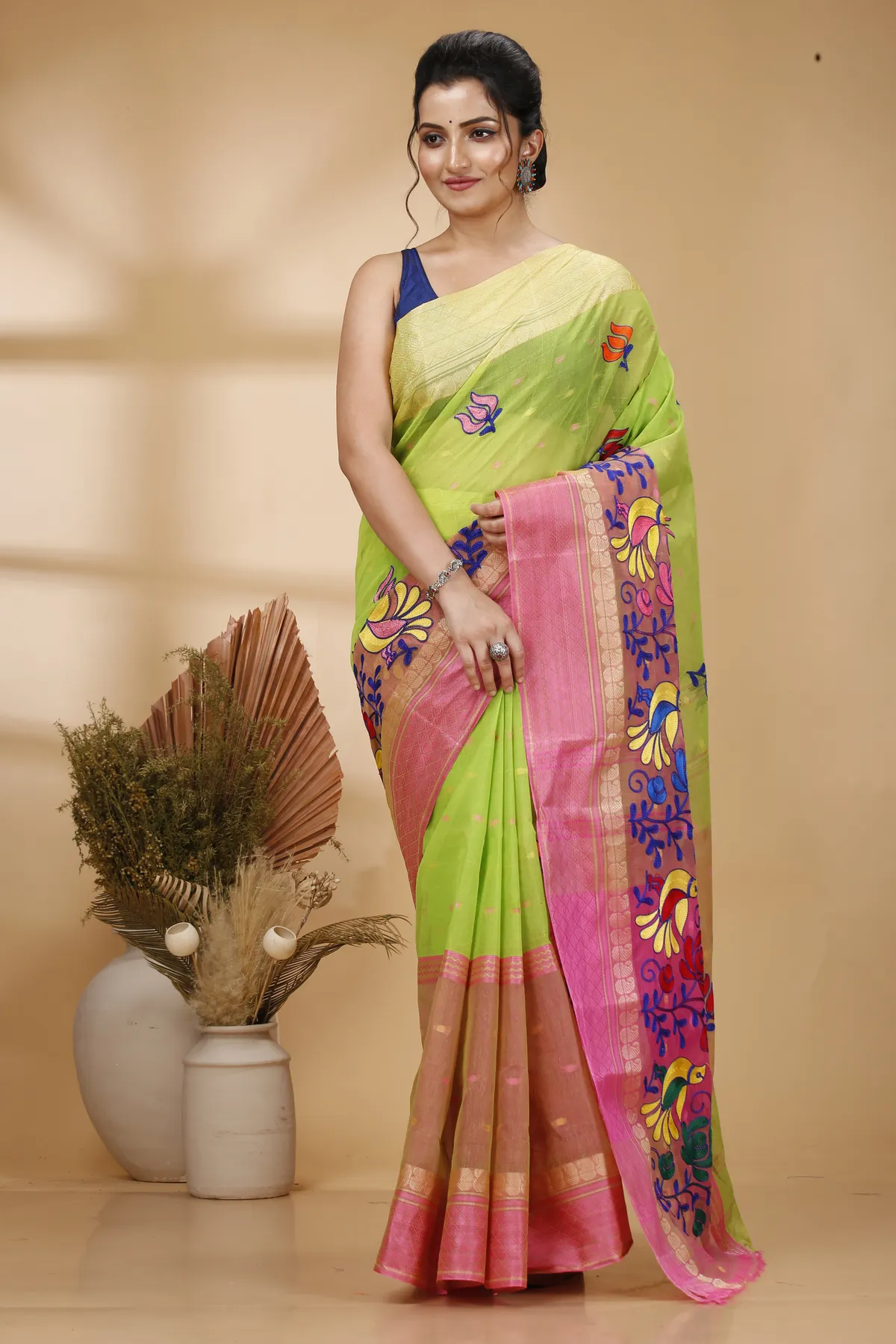 DipDiya Pure Cotton Light Green Embi Ganga Sib Threads of Tradition Embroidery Tant Sarees