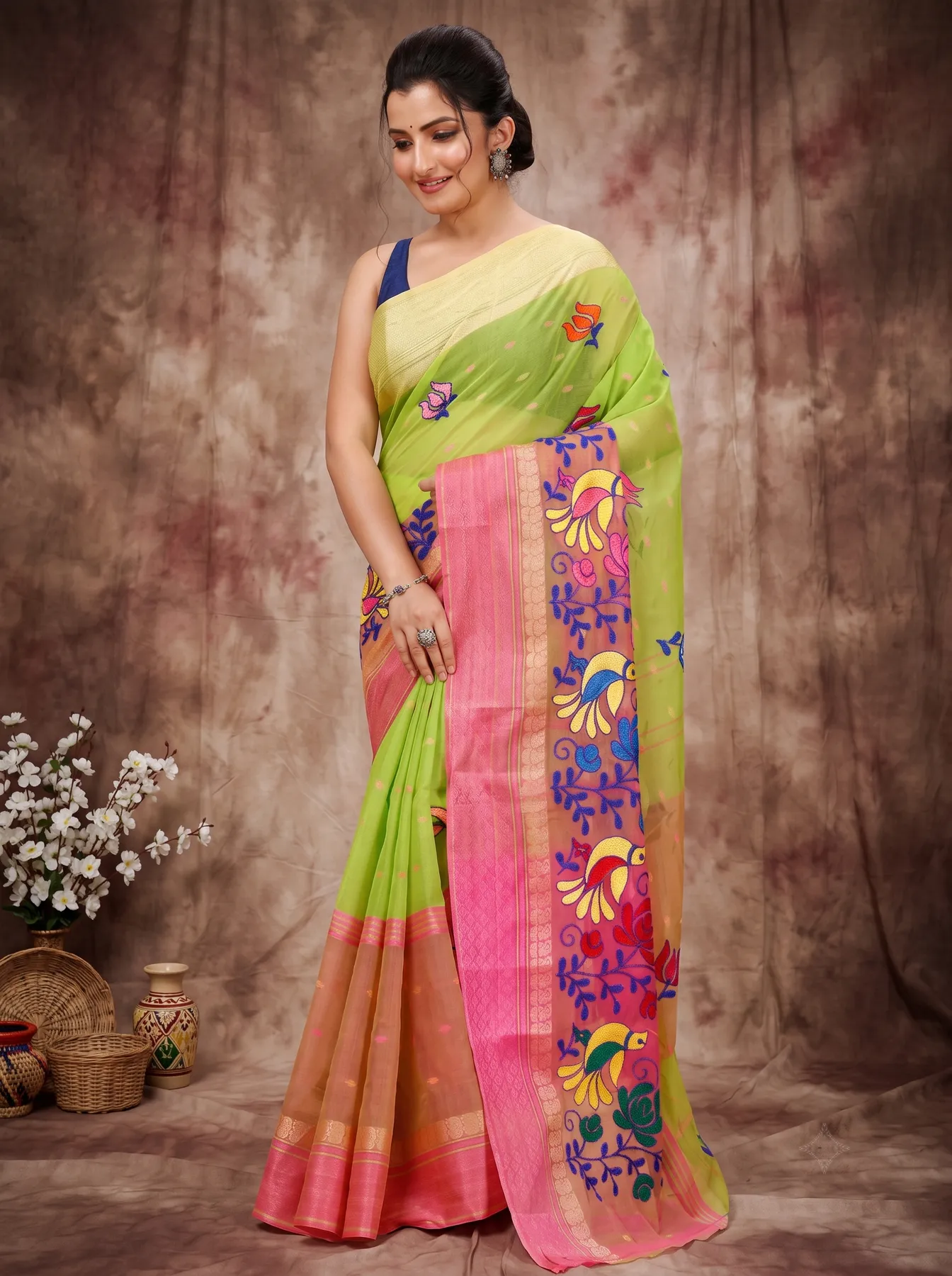 DipDiya Pure Cotton Light Green Embi Ganga Sib Threads of Tradition Embroidery Tant Sarees