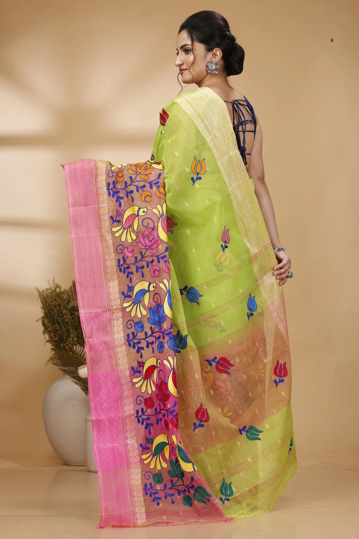 DipDiya Pure Cotton Light Green Embi Ganga Sib Threads of Tradition Embroidery Tant Sarees