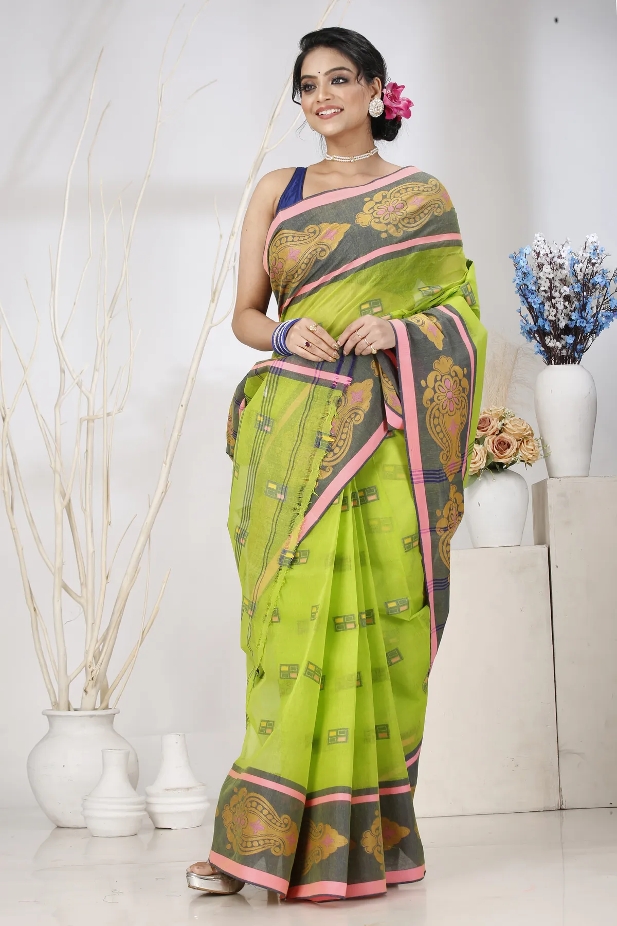DipDiya Pure Cotton Light Green Mitul Threads of Tradition Tant Sarees