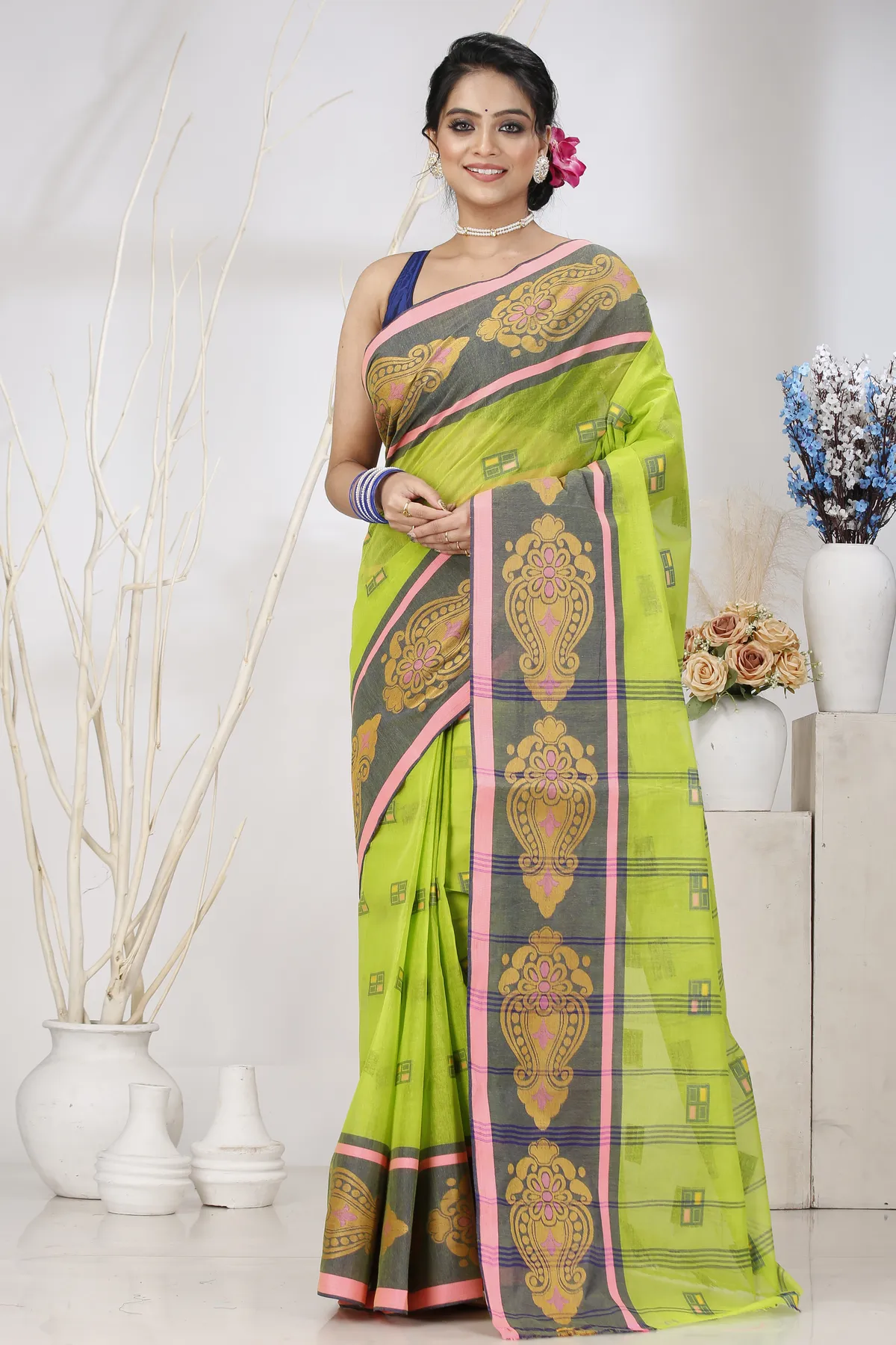 DipDiya Pure Cotton Light Green Mitul Threads of Tradition Tant Sarees