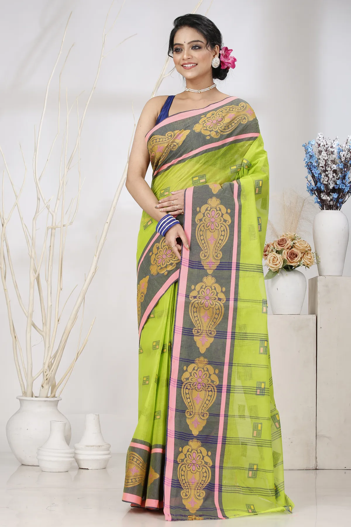 DipDiya Pure Cotton Light Green Mitul Threads of Tradition Tant Sarees