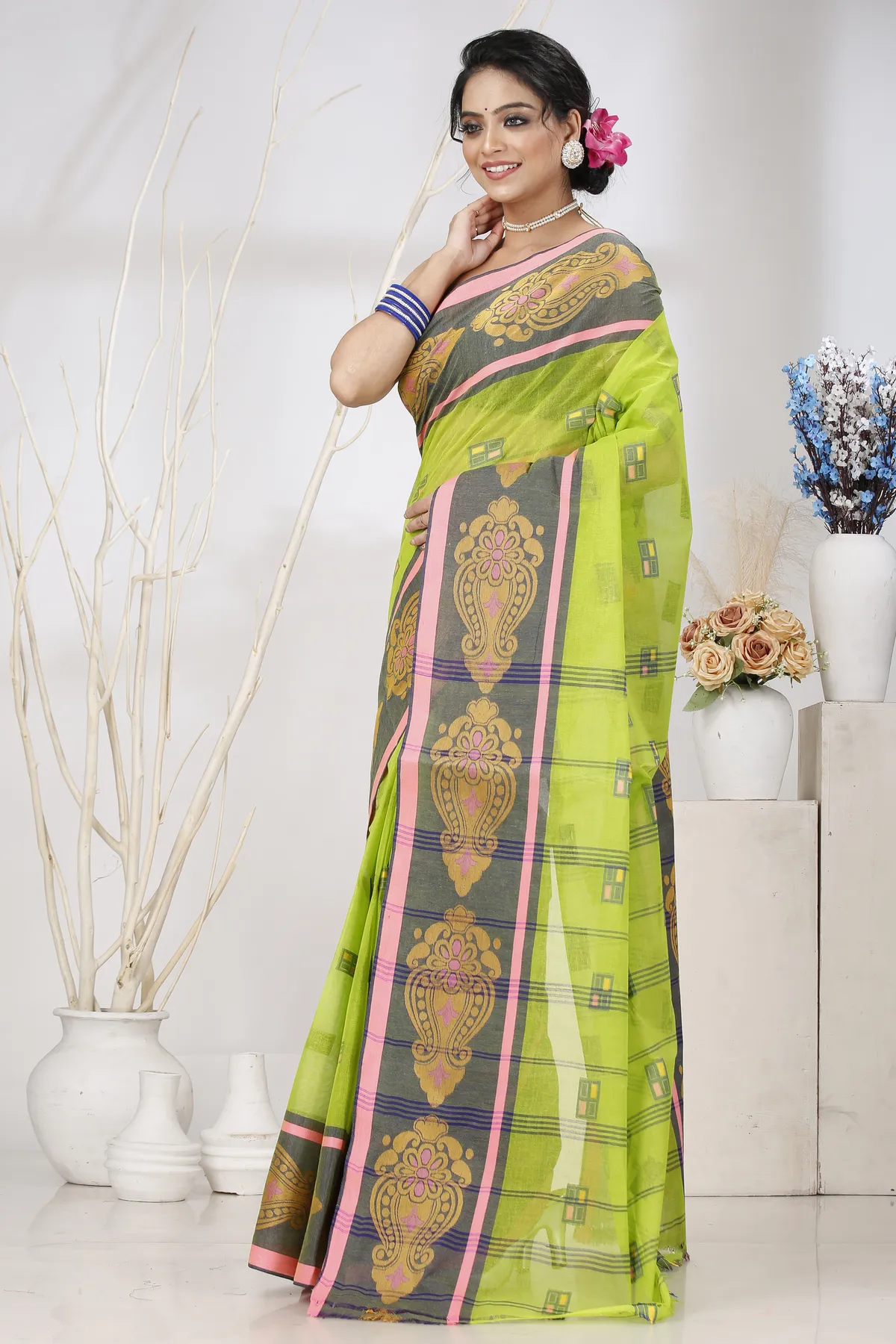 DipDiya Pure Cotton Light Green Mitul Threads of Tradition Tant Sarees