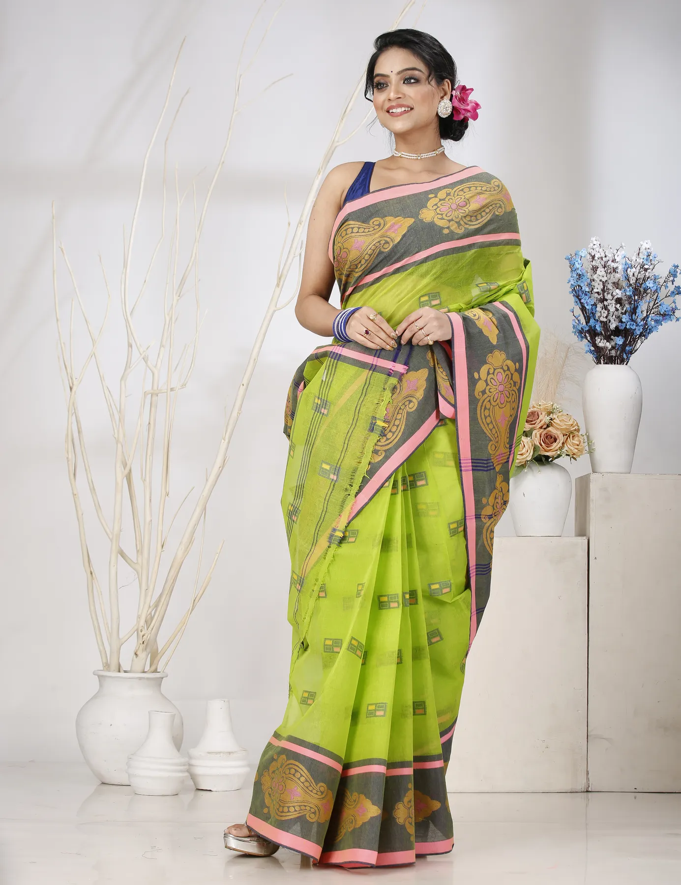 DipDiya Pure Cotton Light Green Mitul Threads of Tradition Tant Sarees
