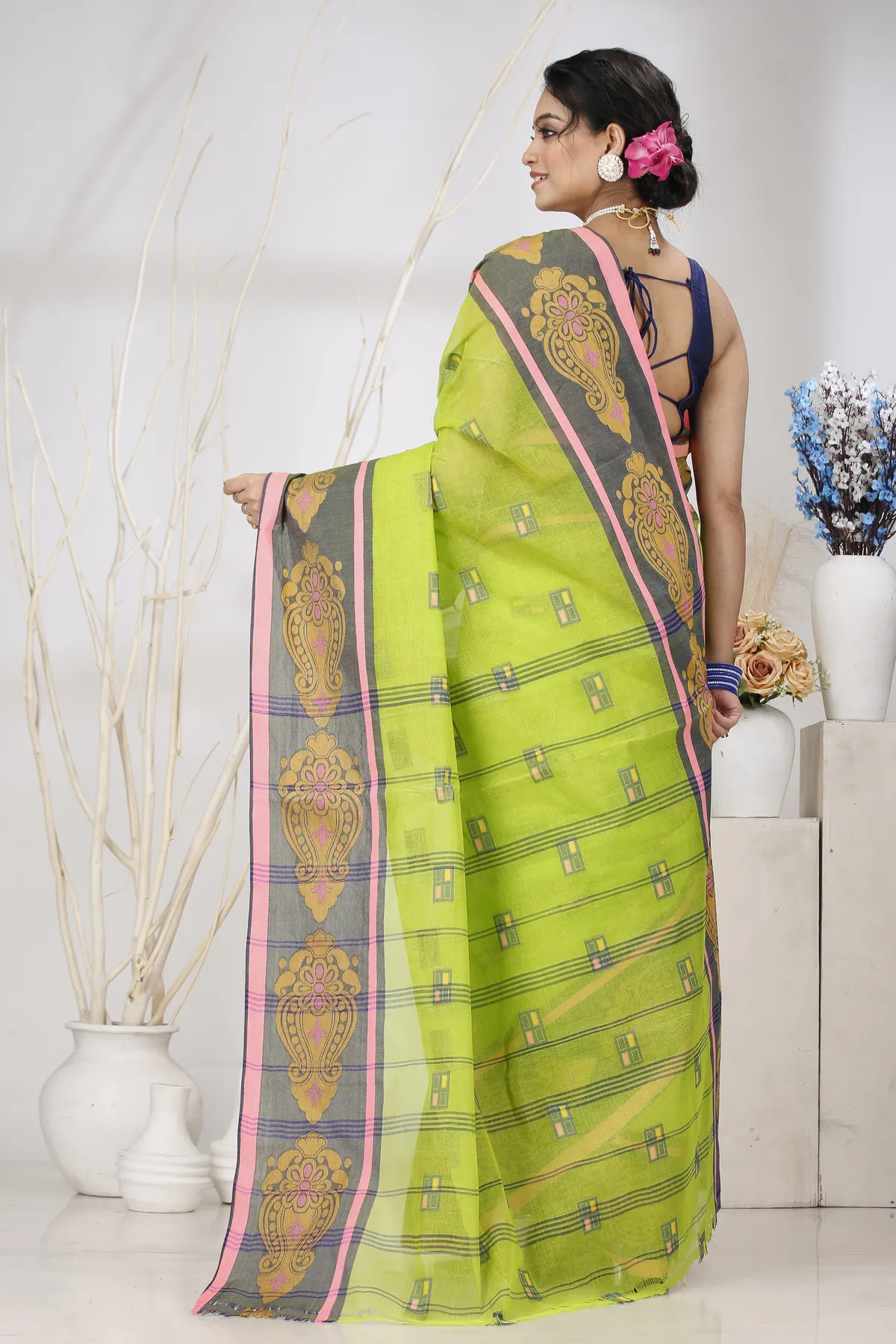 DipDiya Pure Cotton Light Green Mitul Threads of Tradition Tant Sarees