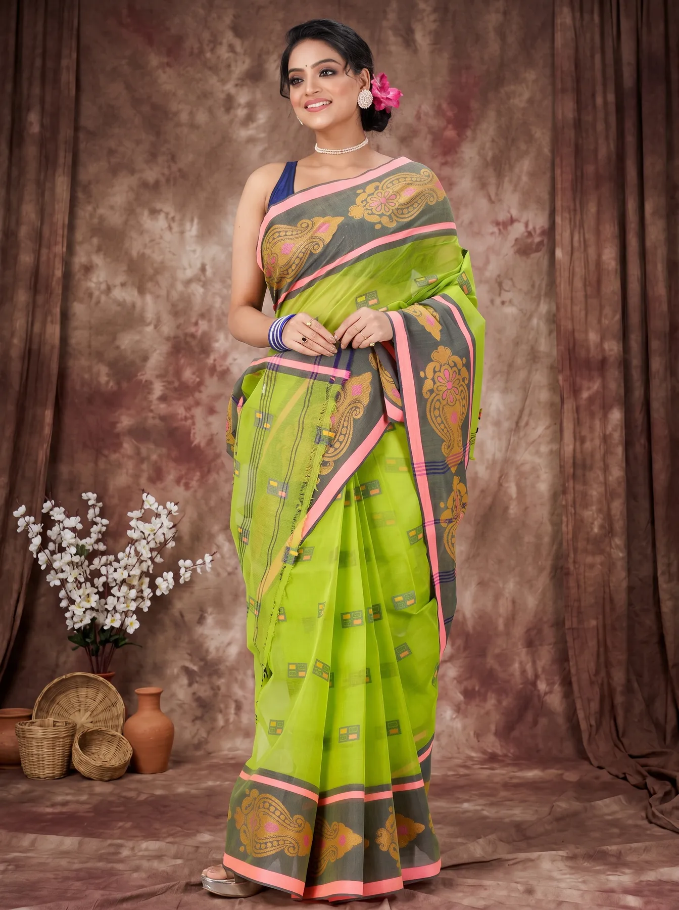 DipDiya Pure Cotton Light Green Mitul Threads of Tradition Tant Sarees