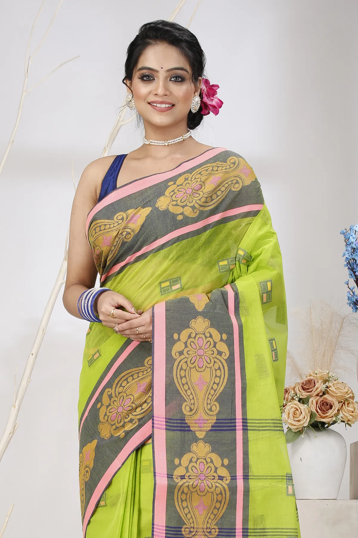 DipDiya Pure Cotton Light Green Mitul Threads of Tradition Tant Sarees