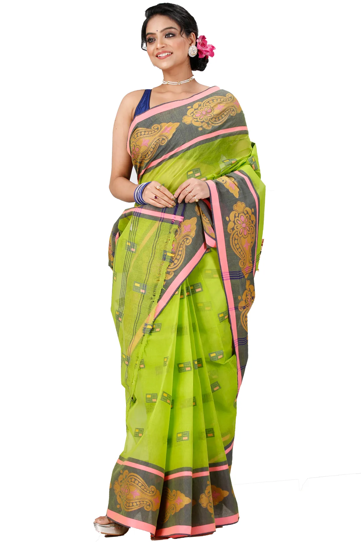 DipDiya Pure Cotton Light Green Mitul Threads of Tradition Tant Sarees