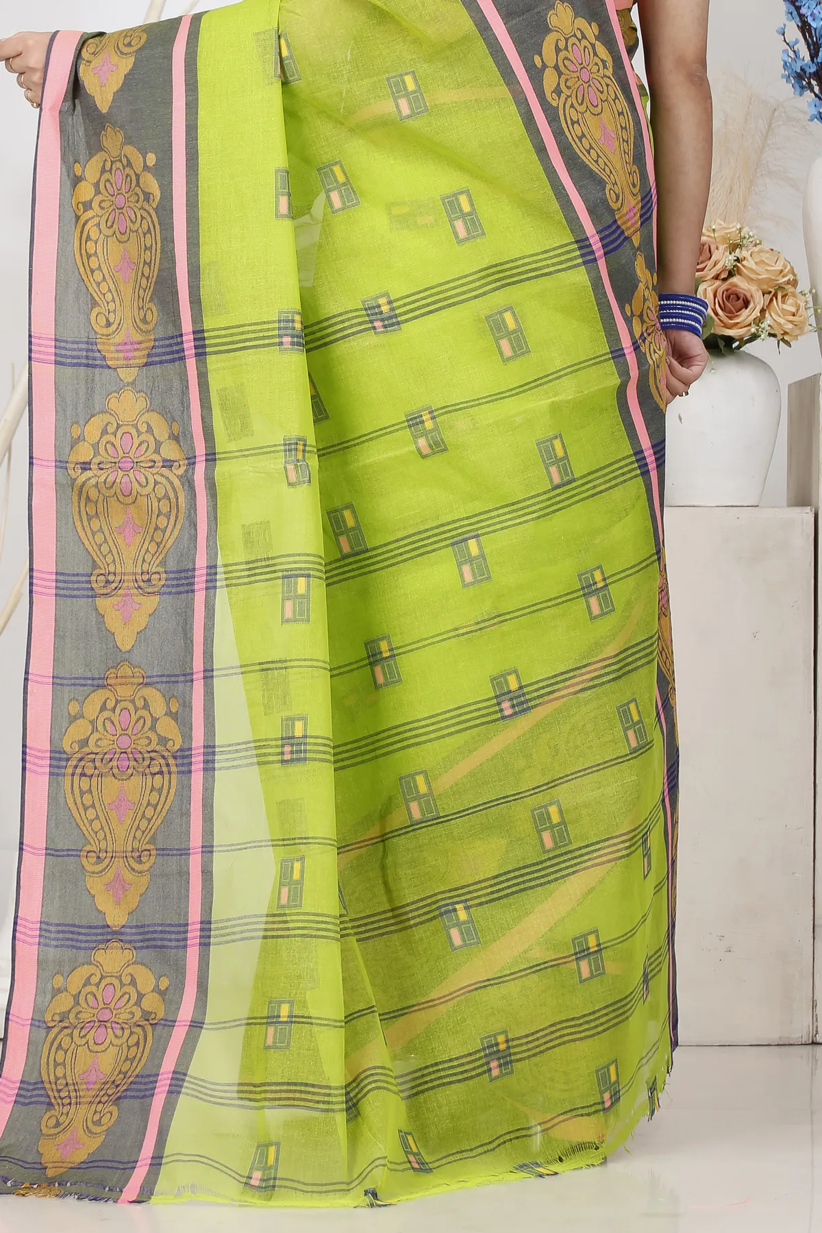 DipDiya Pure Cotton Light Green Mitul Threads of Tradition Tant Sarees