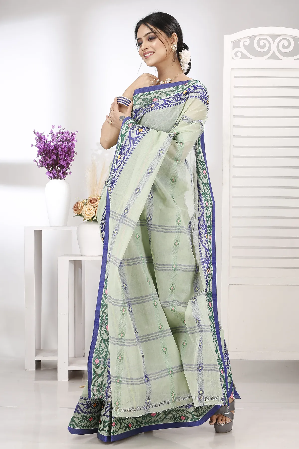 DipDiya Pure Cotton Light Green Moti Ankit Rooted in Bengal Tant Sarees
