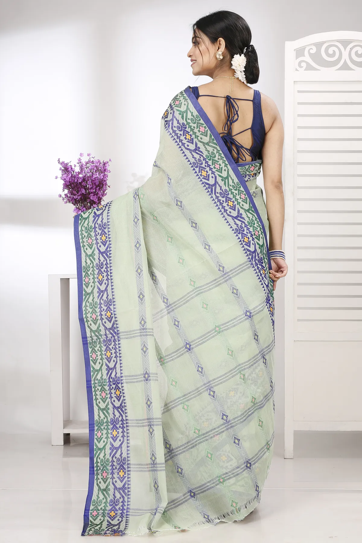 DipDiya Pure Cotton Light Green Moti Ankit Rooted in Bengal Tant Sarees