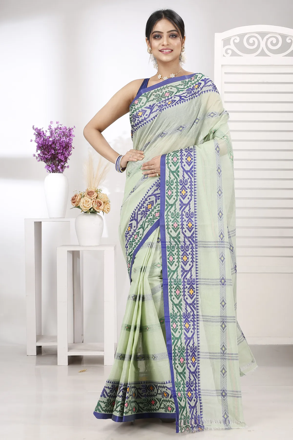 DipDiya Pure Cotton Light Green Moti Ankit Rooted in Bengal Tant Sarees