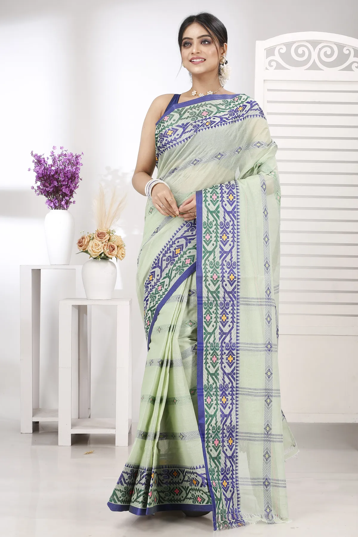 DipDiya Pure Cotton Light Green Moti Ankit Rooted in Bengal Tant Sarees