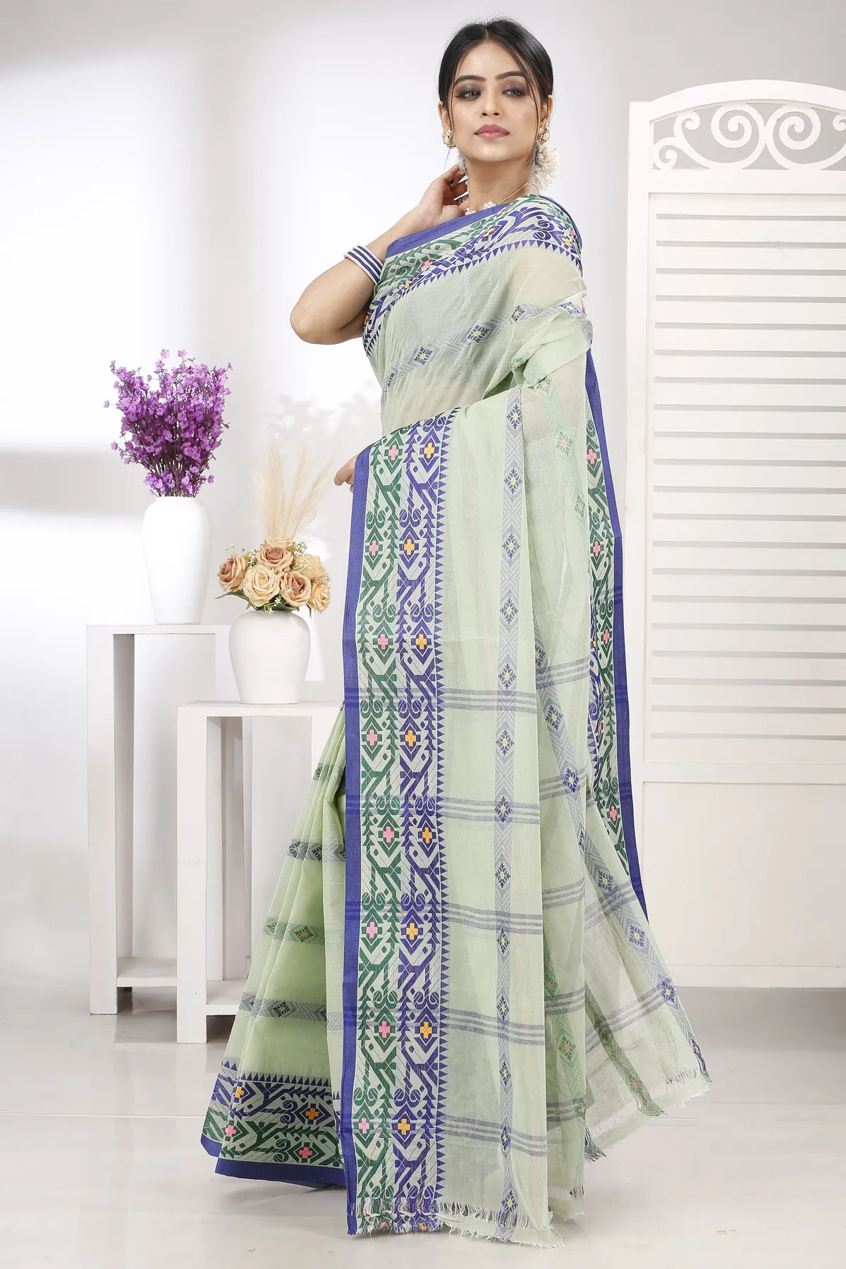DipDiya Pure Cotton Light Green Moti Ankit Rooted in Bengal Tant Sarees