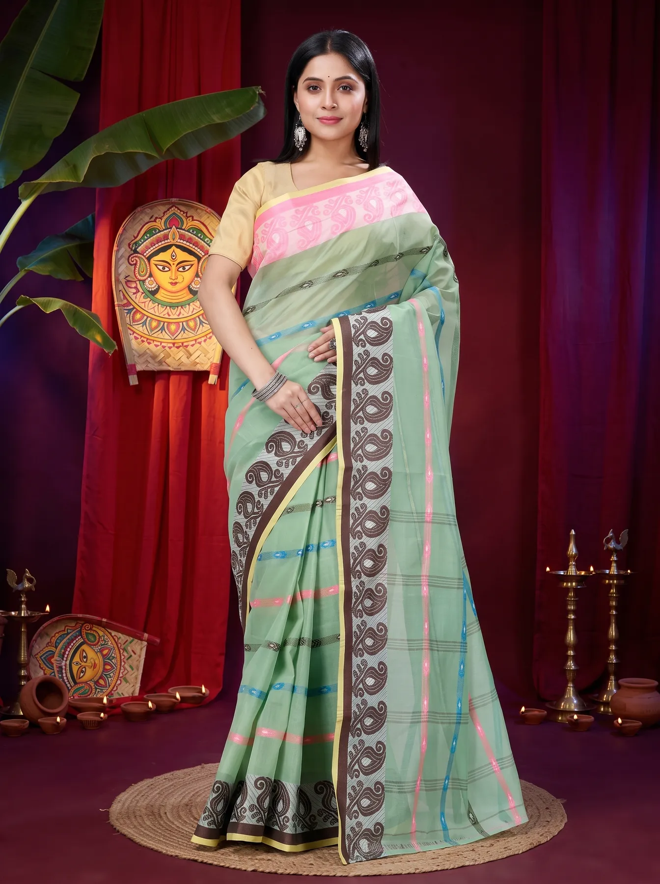 DipDiya Pure Cotton Light Green Nehan Handcrafted Elegance Tant Sarees