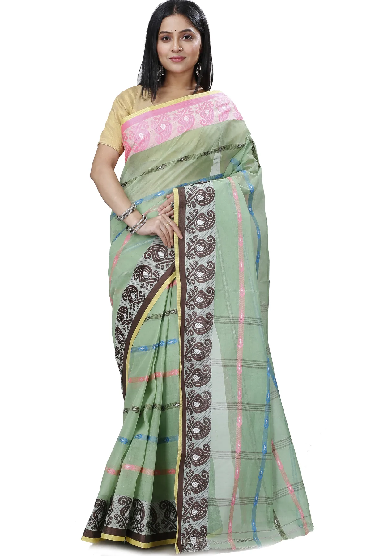 DipDiya Pure Cotton Light Green Nehan Handcrafted Elegance Tant Sarees