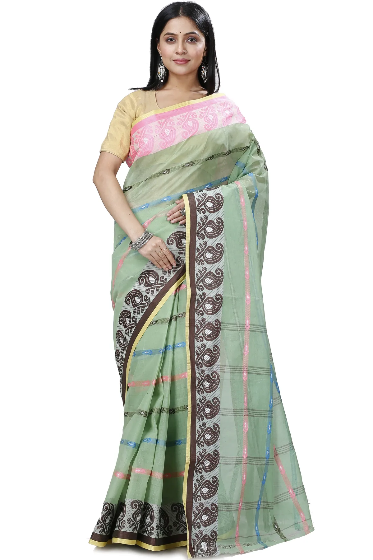 DipDiya Pure Cotton Light Green Nehan Handcrafted Elegance Tant Sarees