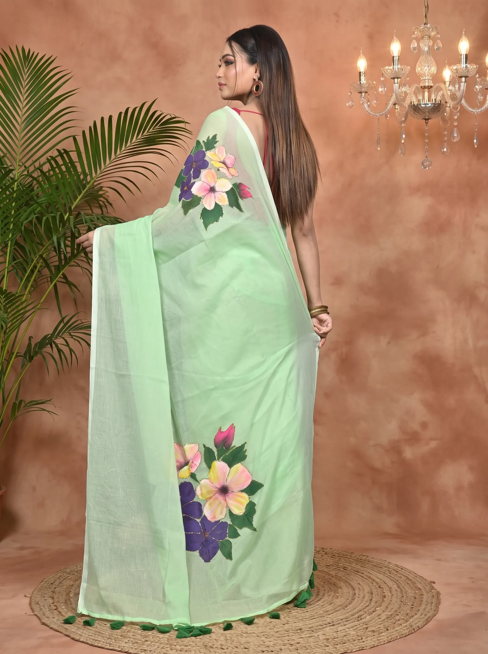 DipDiya Pure Cotton Light Green Norika Elegant by Tradition Hand Painted Sarees