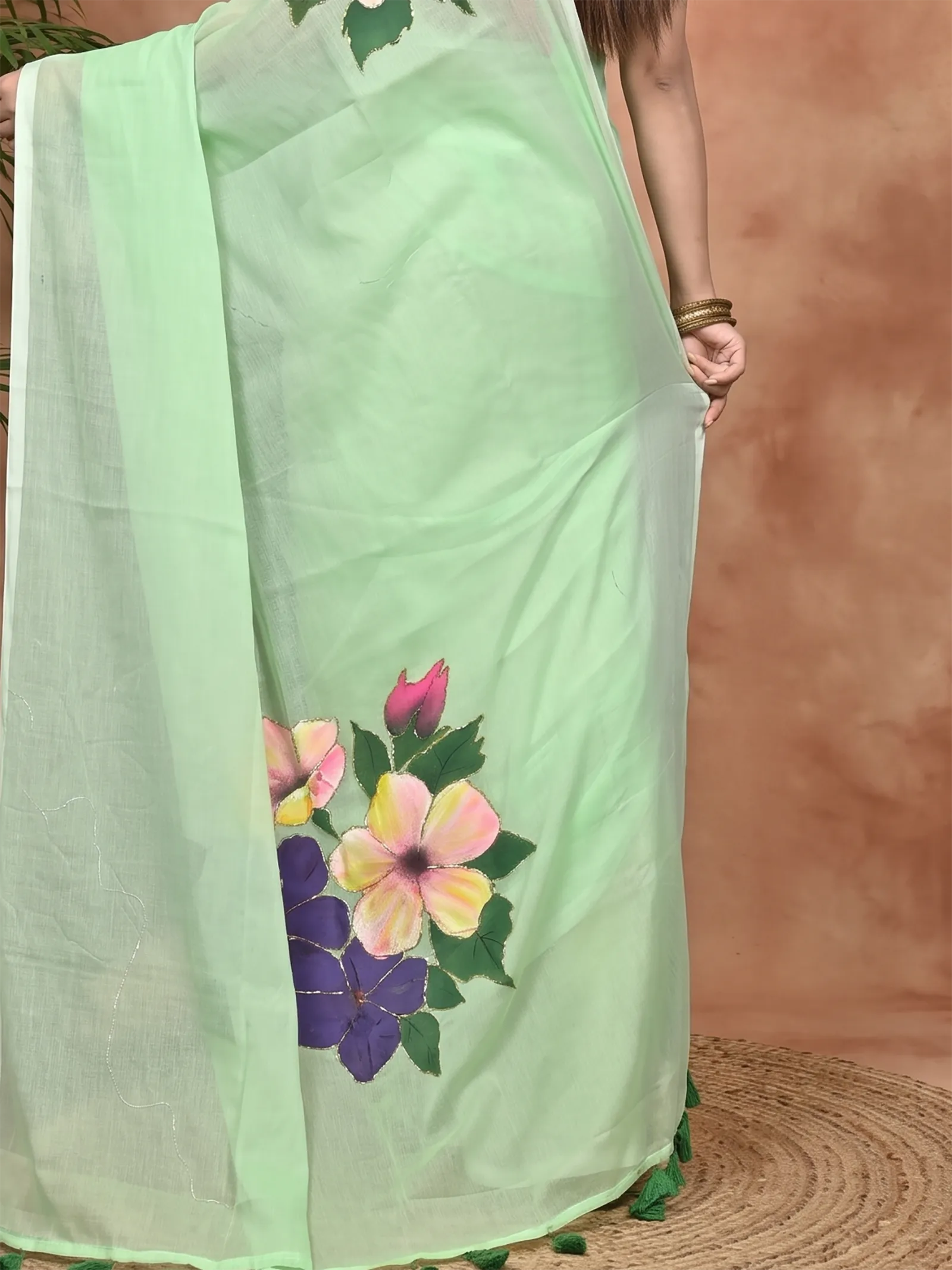 DipDiya Pure Cotton Light Green Norika Elegant by Tradition Hand Painted Sarees