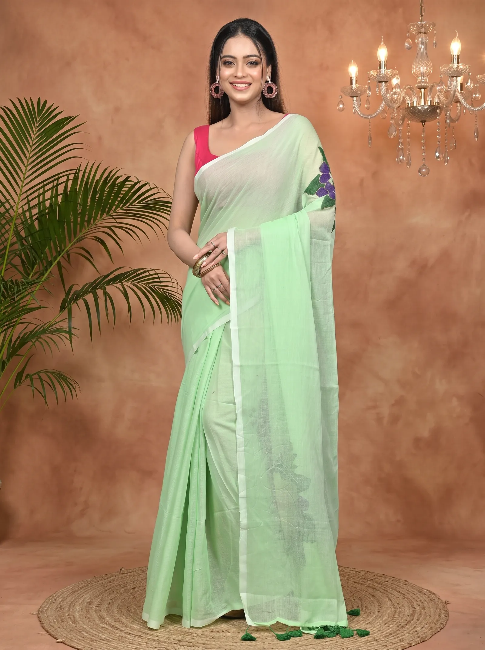 DipDiya Pure Cotton Light Green Norika Elegant by Tradition Hand Painted Sarees