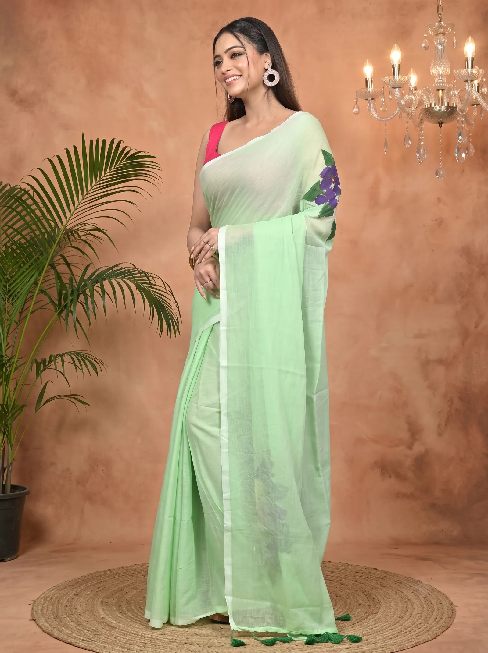 DipDiya Pure Cotton Light Green Norika Elegant by Tradition Hand Painted Sarees